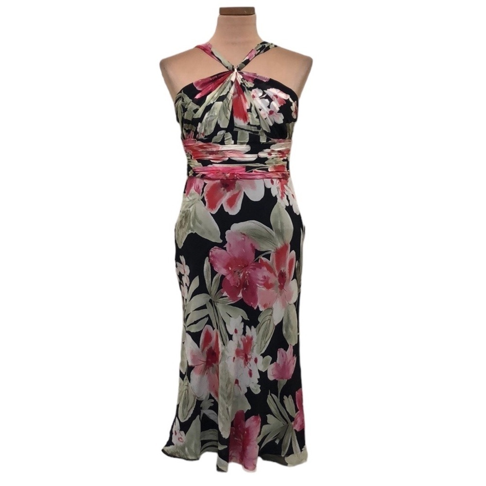 Anne Klein Silk Midi Dress Size 8 Black Pink Tropical Floral Halter Neck